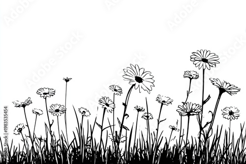 Black and white illustration of daisies and grass against a clear white background