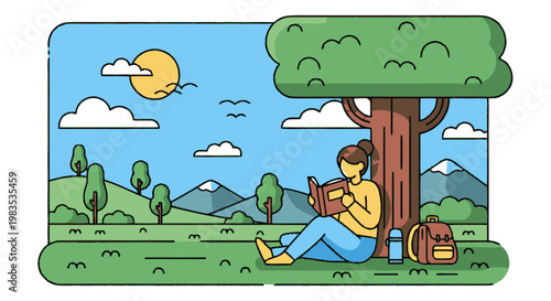 Man sitting under tree reading book.
