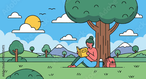 Man reading book under tree outside.