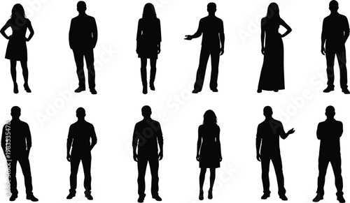 Silhouettes of people standing and posing.