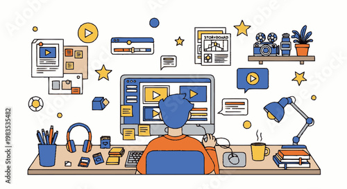 Man working on computer desk.