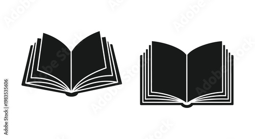 Two open books depicted in a stark black silhouette