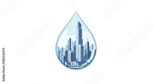 A pristine and transparent water droplet encapsulates a bright three-dimensional city skyline with tall white skyscrapers and small green garden trees.