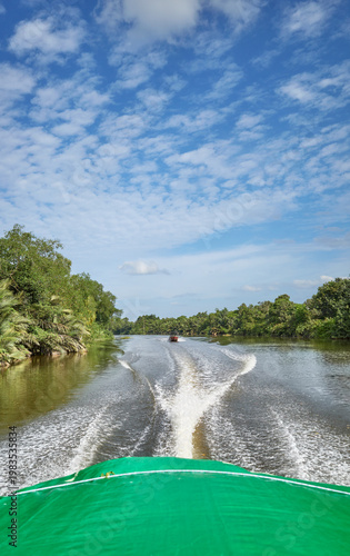Stern view of the Brunei River with dense tropical forest, Brunei Darussalam.