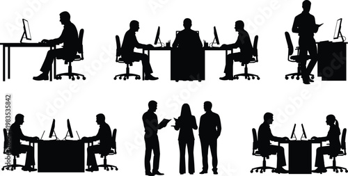 Office workers busy at desks silhouette.