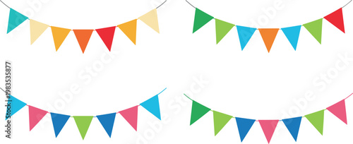 Colorful triangular bunting flags hanging decoration for party celebration festive banner garland cartoon vector illustration set