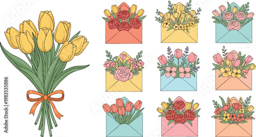 Tableau sur toile Beautiful tulip bouquet and floral envelope arrangements set with pastel flowers