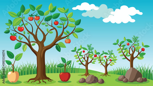A vibrant illustration featuring multiple apple trees of different sizes set in a green field Vector