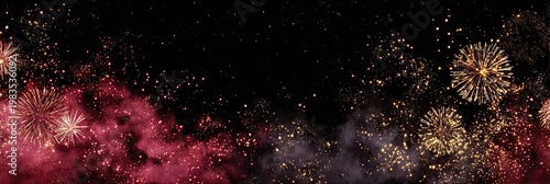 Fireworks burst over a night sky, with red and gold flares and glowing particles