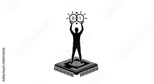 A man holding a light bulb with coding symbols on a microchip.