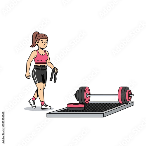 Woman weightlifter walking past barbell and weight plates in gym