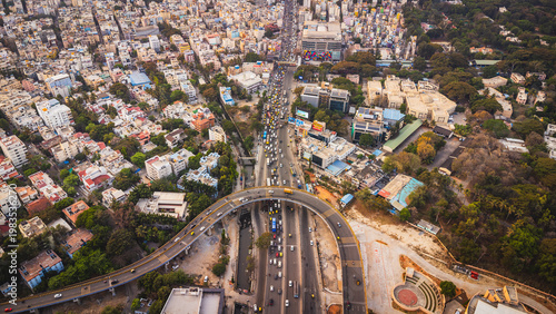 Aerial view of traffic congestion at Silk Board junction in Bangalore, highlighting urban population density and transport challenges in India