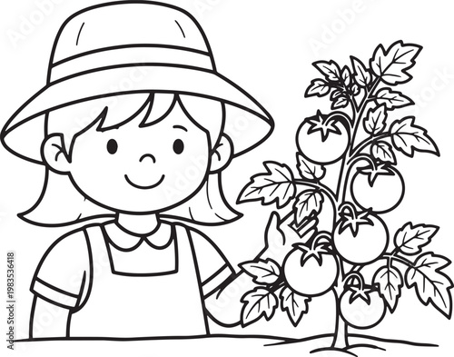A funny cartoon vector illustration for a children's coloring book featuring a little girl in a hat with flowers and a toy bear in a fairytale forest outline drawing