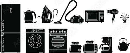 Set of black silhouette icons for household appliances including refrigerator, washing machine, oven, microwave, kettle.