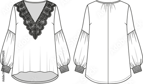 Fashion flat sketch of a white blouse with lace neckline and voluminous bishop sleeves, front and back view.