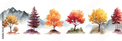 Watercolor painting of colorful trees with a mountain background