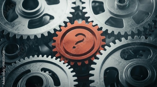 A close-up view of interlocking gears with one gear featuring a question mark, symbolizing problem-solving and innovation in a mechanical or industrial context.