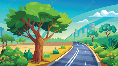 A vibrant landscape illustration featuring a scenic road winding through a lush green countryside Vector