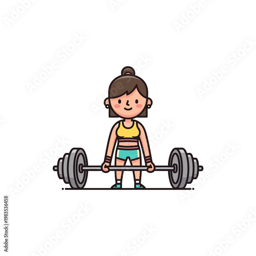 Cartoon Woman Lifting Barbell, Fitness Training, Weightlifting Exercise, Healthy Lifestyle