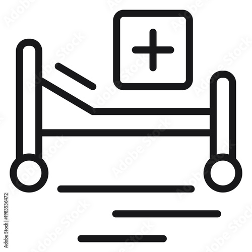 Black line vector icon of a hospital bed with a medical cross symbol, representing healthcare, patient recovery, clinic services, and medical equipment in a minimalist scalable illustration.