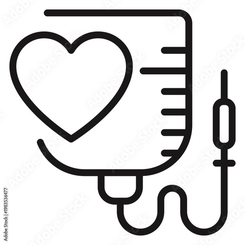 Black line vector icon illustration of a blood donation bag with a heart symbol, medical IV drip bag for transfusion or infusion, healthcare, charity, and life-saving concept, scalable graphic.