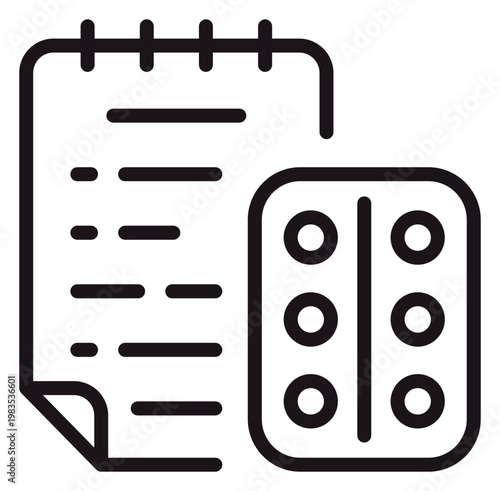 Black line vector icon illustration of a medical prescription notepad and a blister pack of pills, representing pharmacy services, healthcare treatment, medication management, and clinical care.