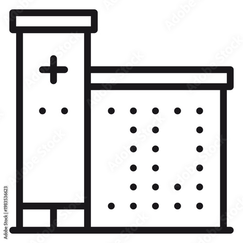 Minimalist black line vector icon of a hospital building or medical center facility with a cross symbol, representing healthcare, clinical services, and emergency care in a clean graphic style.