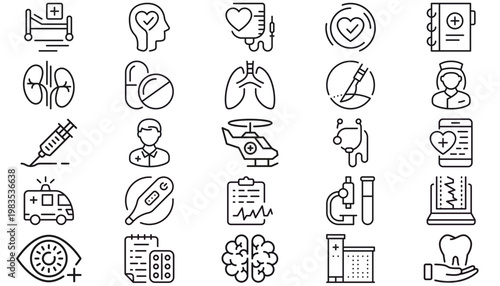 Medical and Healthcare Vector Icon Set, 25 Black Minimalist Symbols for Hospital, Doctor, Nurse, Surgery, Pharmacy, Dental, Veterinary, Mental Health, Anatomy, and Emergency Services Bundle.