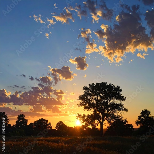 A serene landscape with a tree silhouetted against a vibrant sunset