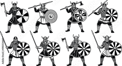 Viking warriors with shields and axes in silhouette.