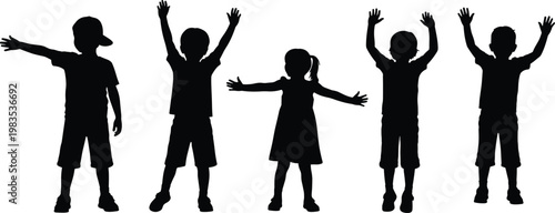 Children silhouettes in different poses celebrating.