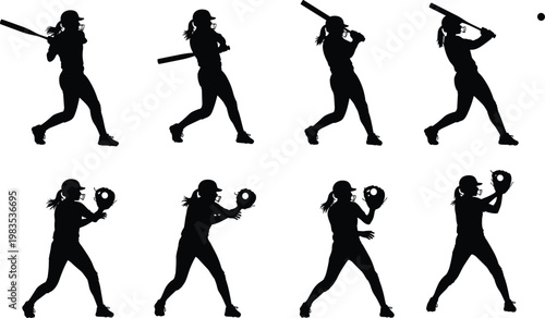 Female baseball player in various batting and fielding poses.
