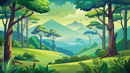 A serene landscape illustration featuring lush green trees and distant rolling mountain peaks. Vector