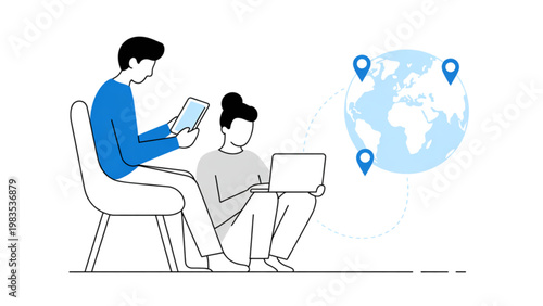 Woman working remotely with a child observing and a globe in the background Vector