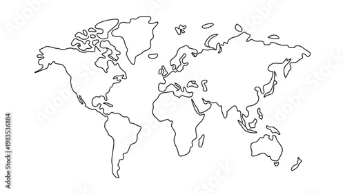 Outline world map with country borders and major geographical features highlighted Vector
