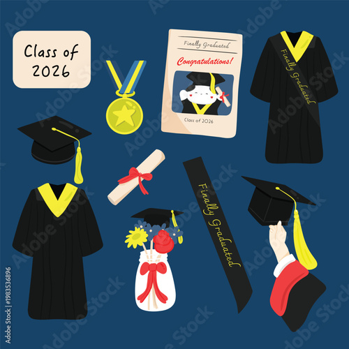 Graduation Elements Vector Set Class of 2026 with Cap Gown Diploma Medal and Celebration Icons