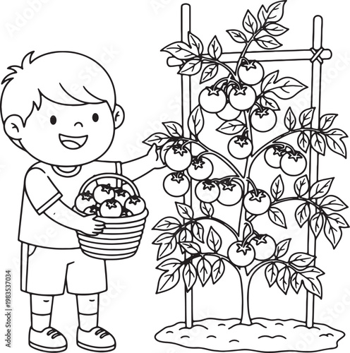 A happy cartoon vector illustration shows a little baby boy eating chocolate cake with his family while holding a colorful Easter flower clip art