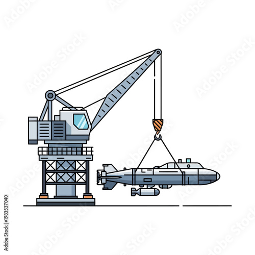 Industrial crane lifting a futuristic submarine in a shipyard, vector illustration
