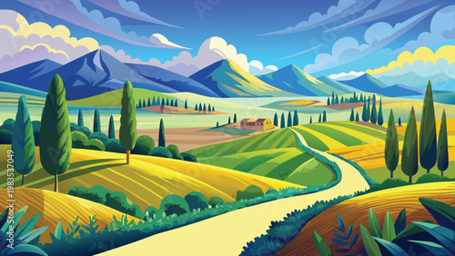 A vibrant impressionist landscape painting depicting a winding road through golden rolling hills. Vector