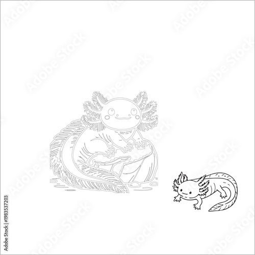 A clean line art illustration featuring two distinct axolotl depictions on a plain white background. The larger left axolotl is highly detailed with ornate patterned gills and body, depicted in a