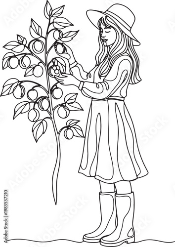 A fashion vector illustration of a beautiful lady in a summer dress posing with a bouquet of flowers by a tree in a stylish cartoon sketch art design