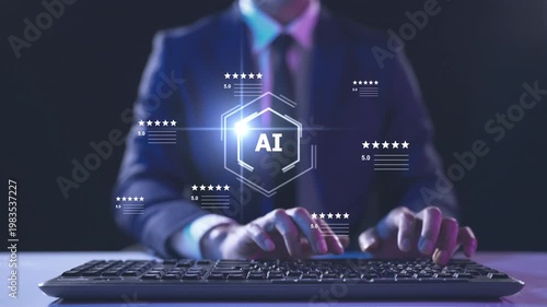 Digital marketing artificial intelligence and 5 stars rating review. Online customer feedback survey, service quality satisfaction, smart business strategy, and best ranking experience concept.