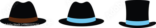 Classic black fedora and top hat set with colored bands