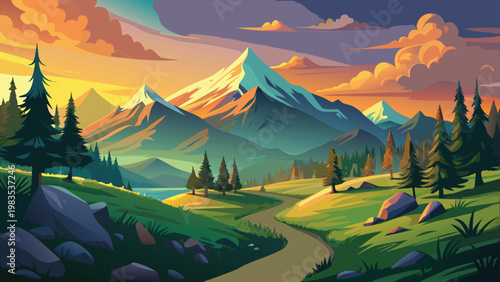 A vibrant artistic representation of a towering mountain peak under a colorful sunset sky landscape Vector