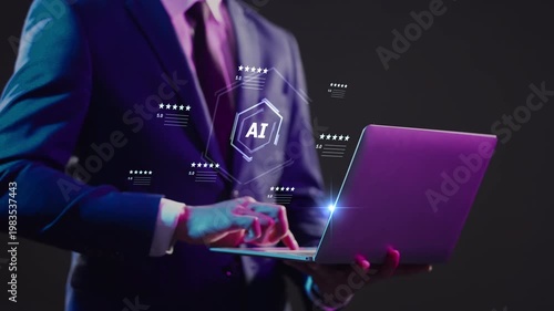 Digital marketing artificial intelligence and 5 stars rating review. Online customer feedback survey, service quality satisfaction, smart business strategy, and best ranking experience concept.