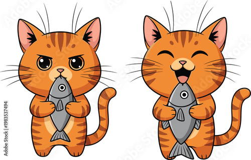 Cute Cat Cartoon Character Holding Fish with Happy and Angry Expressions in Fun Style for Kids Animal Illustration and Pet Design Set