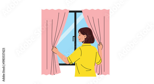 A cheerful woman wearing a bright yellow shirt pulls back soft pink curtains to reveal a clear blue sky through a modern black window frame in her home.