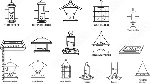 Bird Feeder Icon Set Featuring Tube, Hopper, Suet, and Hanging Feeders for Wildlife and Bird Watching Design Projects