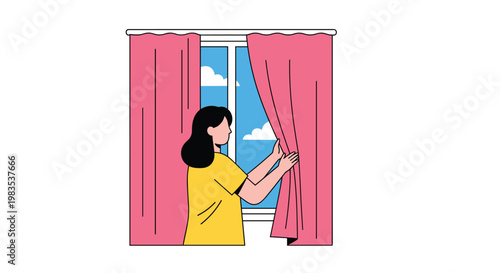 A serene woman in a yellow shirt carefully adjusts thick pink curtains against a bright blue sky with fluffy white clouds visible through the window frame.