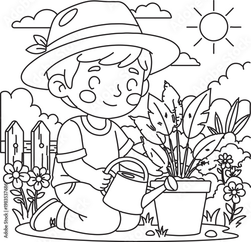 A fairytale vector illustration for a coloring book featuring a little girl and boy watering flowers and a plant alongside a cute bear and cat sketch